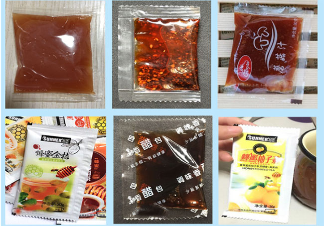 星火小型自动酱料包装机小袋酱料包装样品展示 